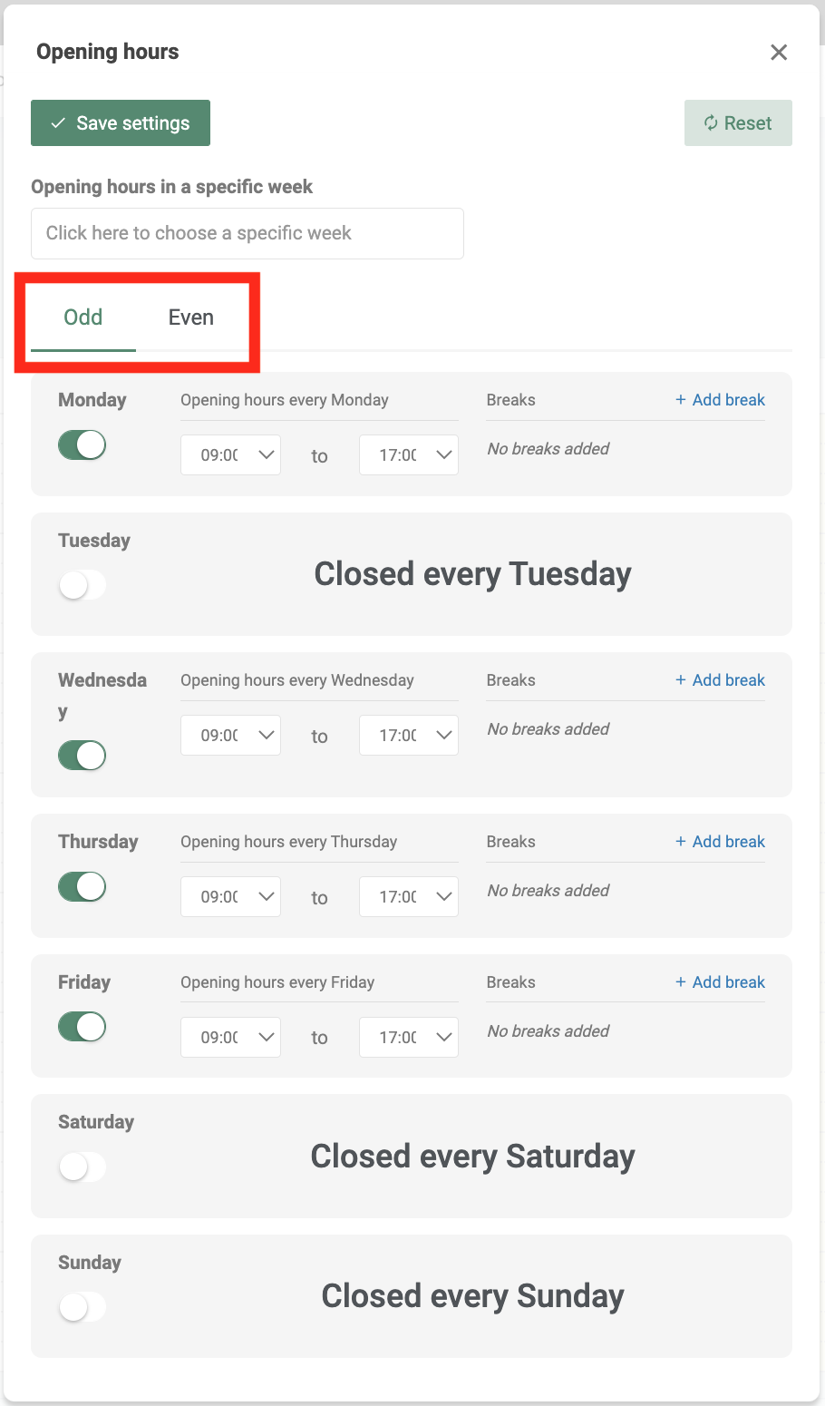 Settings for separate opening times