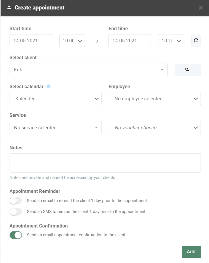 Overview and settings of a new appointment 