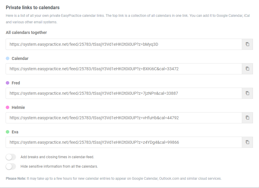 Settings and overview of private links to Calendars