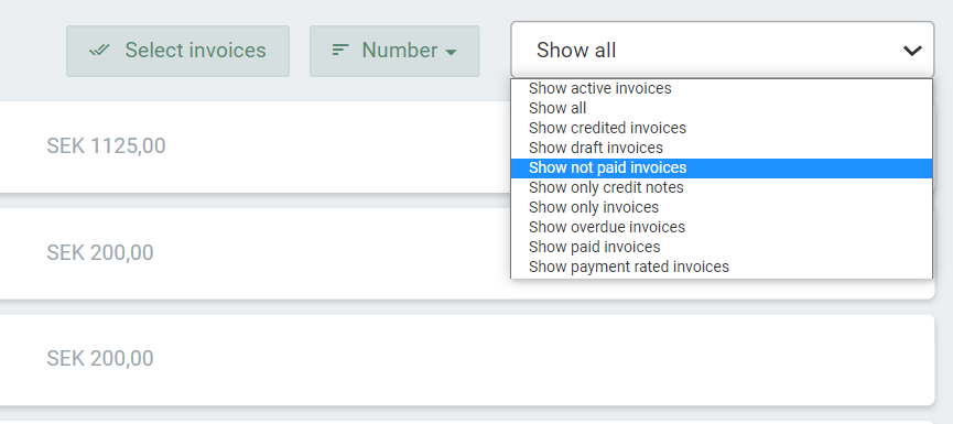 Filter function to search for a certain type of invoices 