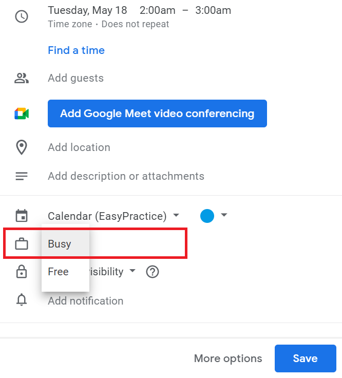 Instruction to block hours in Google Calendar 