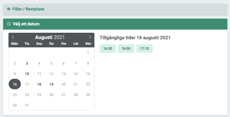 kalender från onlinebokning som visar vilka tider som finns tillgängliga