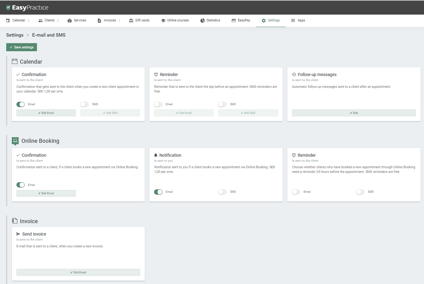 Email and SMS settings in the system