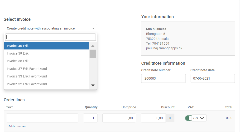 How to create a credit note and invoice selection