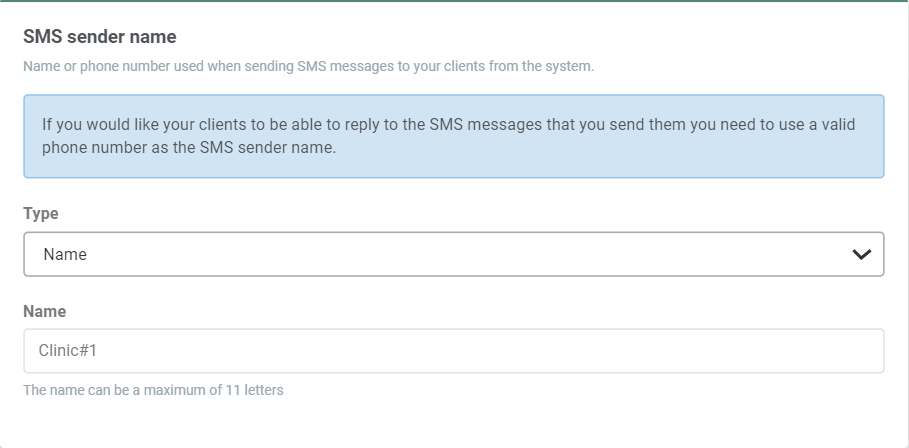 Menu to add or change SMS sender name when SMS's to clients