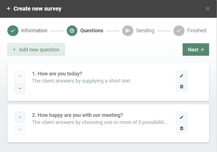 Instructions for the creation of a new survey and overview of survey questions