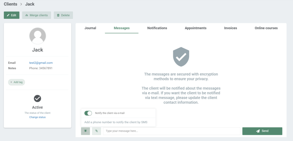 Example how it looks to send Secure Messages to clients
