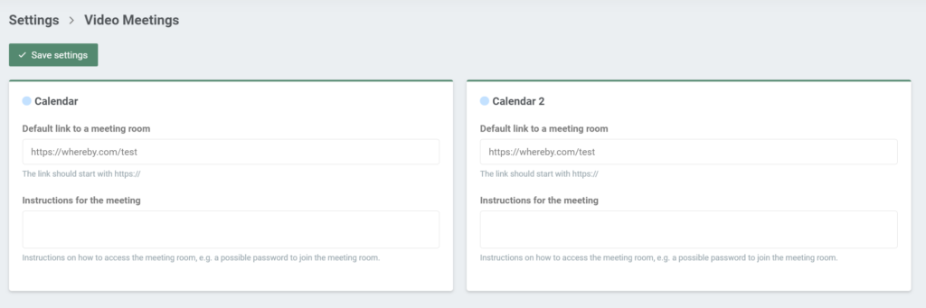 Settings overview of video meetings