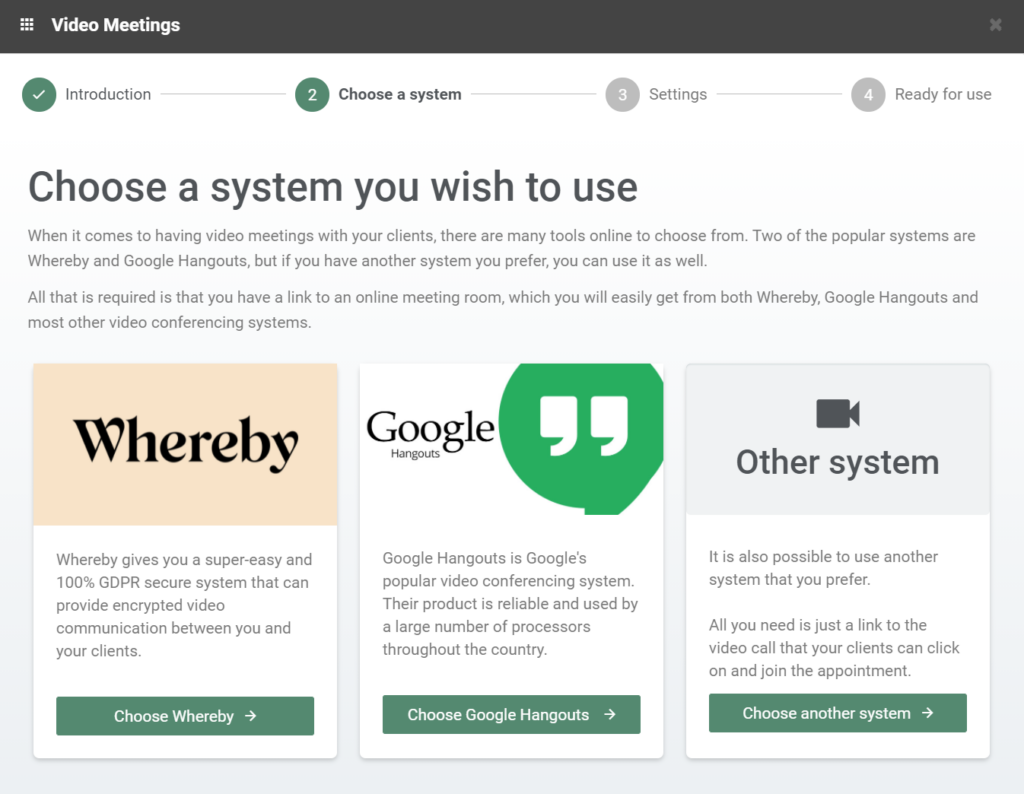 Set up of video meetings app and choice of the system you want to use