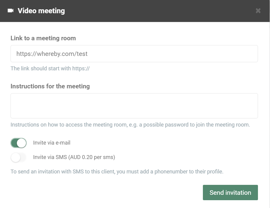 Guide for inviting a client to a video meeting using an client example and several options.