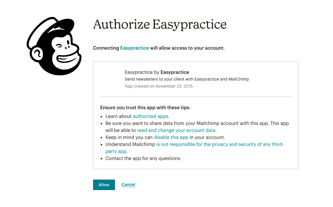 Authorise EasyPractice to connect with MailChimp
