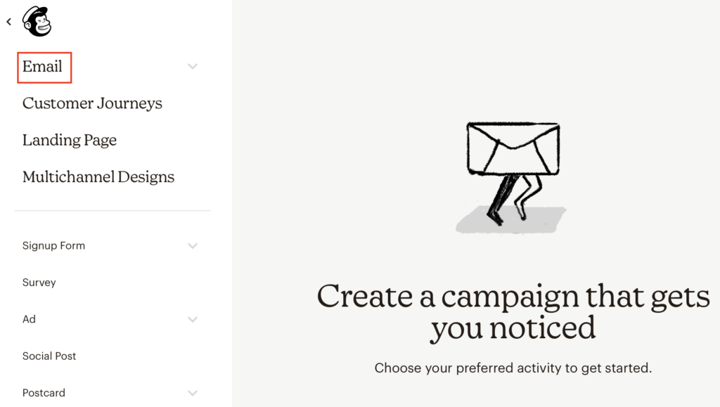 Velg 'Email' for å opprette et nytt nyhetsbrev i Mailchimp