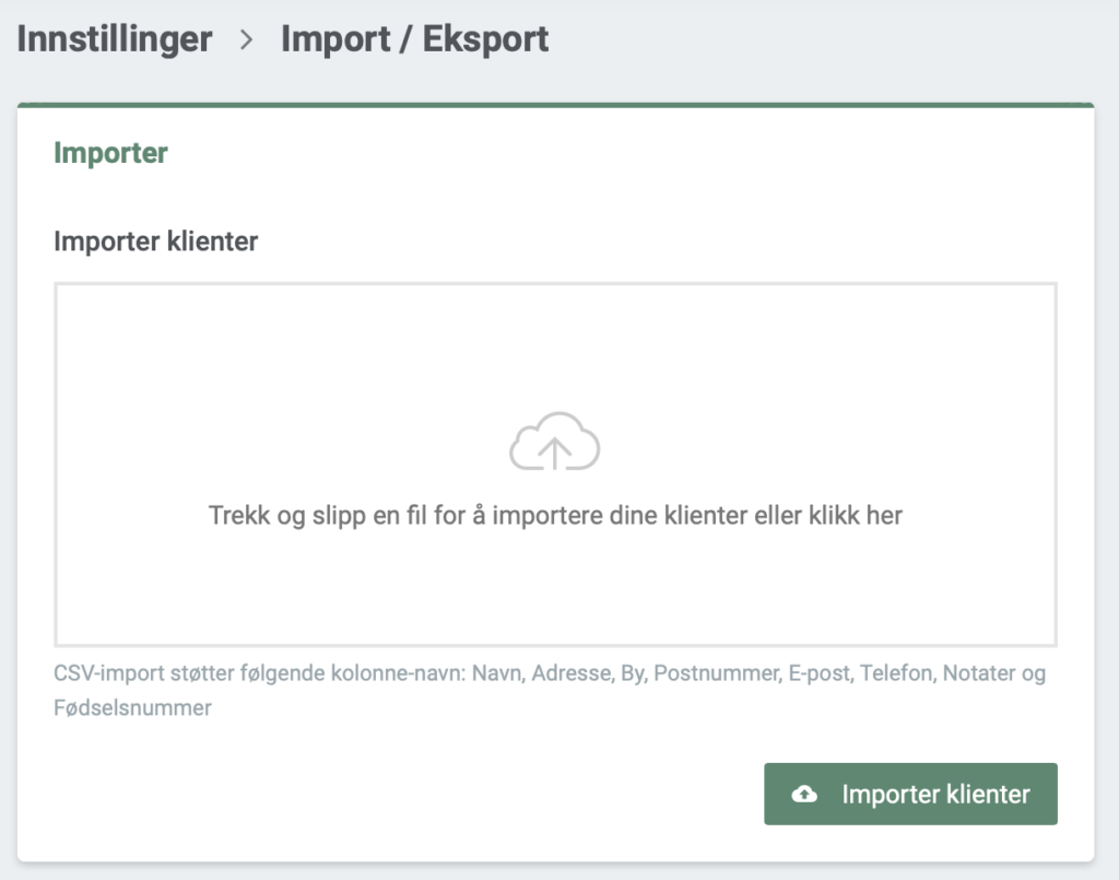 Importer lister med klienter under 'Import / Eksport'-funksjonen i EasyPractice