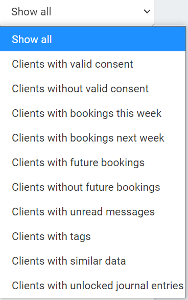 Dropdown menu with the option to filter for clients with valid consent