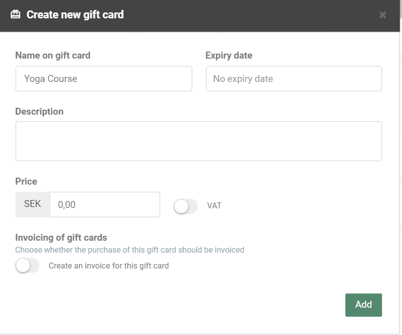 Menu of the creation of gift cards 