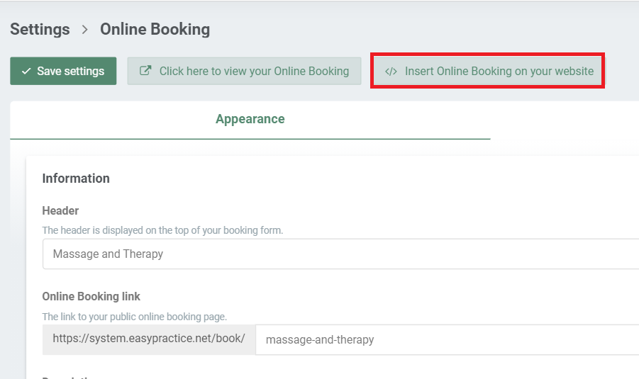 Linking the Online Booking to your website instructions