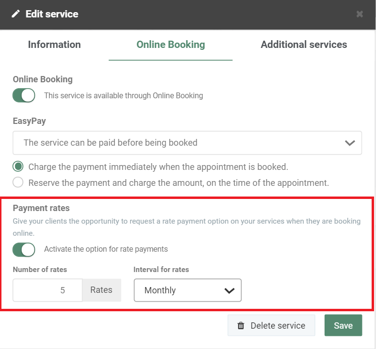 Guide to enable payment rates for online bookings