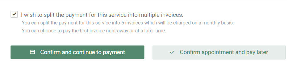 Option menu for clients to split payment for a service into multiple invoices.