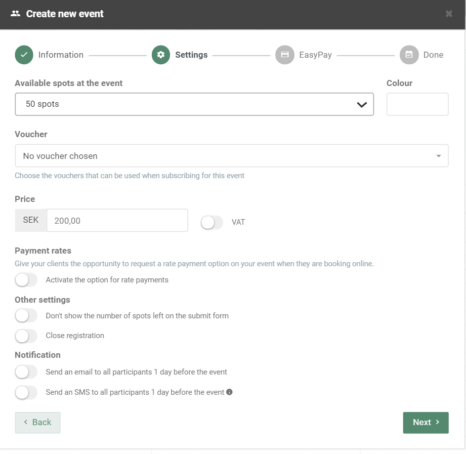 Settings and payment options overview of the new event