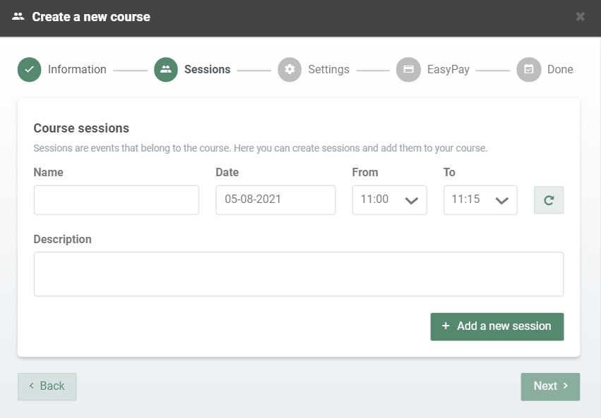 Settings of sessions for the new Course