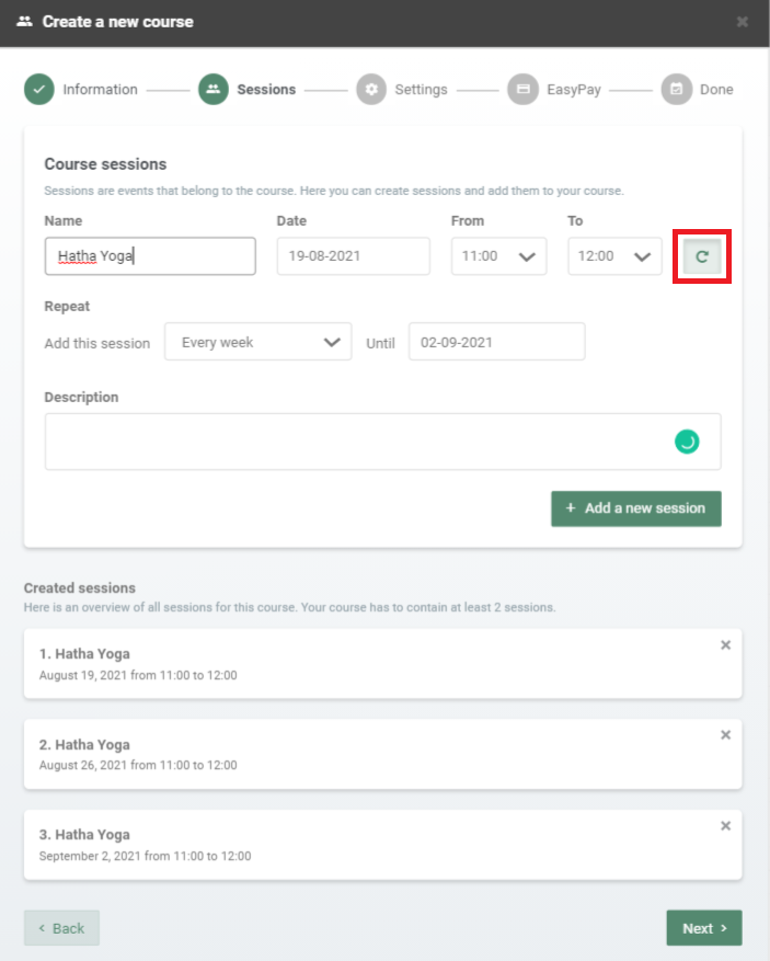 Settings of sessions for the new Course