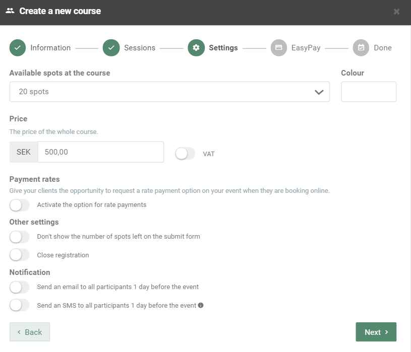 Settings and payment options overview of the new course