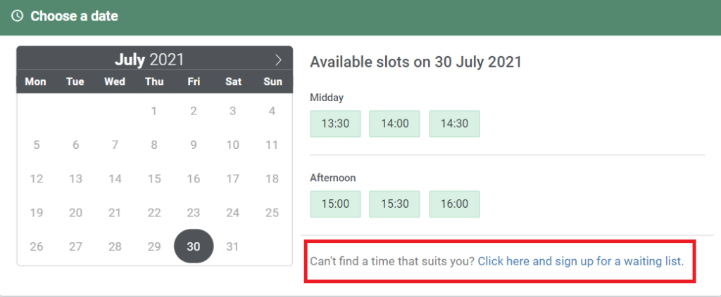 Once you have chosen the calendars for the Waiting lists, this option will show up in your Online Booking.