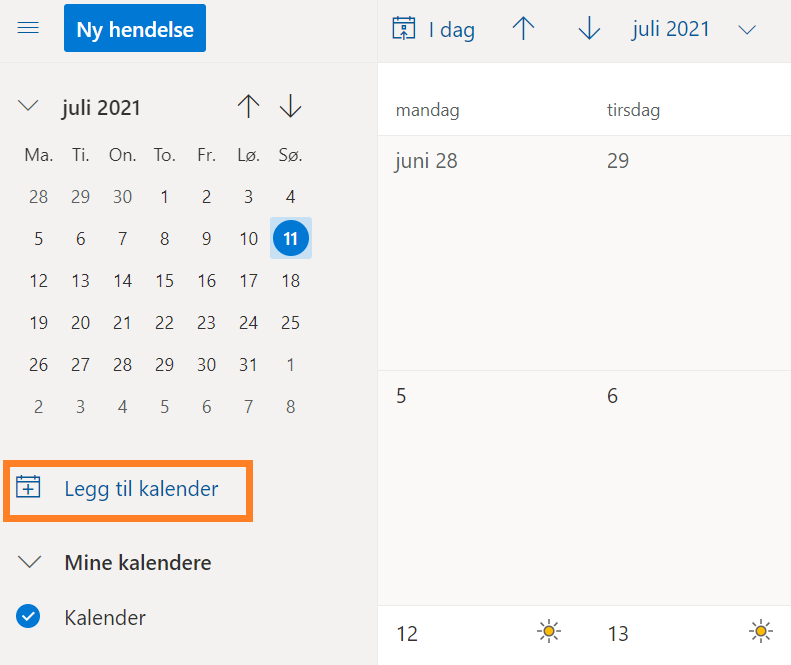 Velg å legge til en kalender i Outlook 
