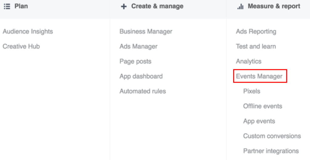  Facebook Pixel - Navigation Bar and select Events Manager