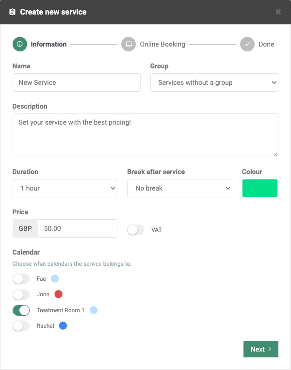 Settings for setting pricing in the EasyPractice system for services