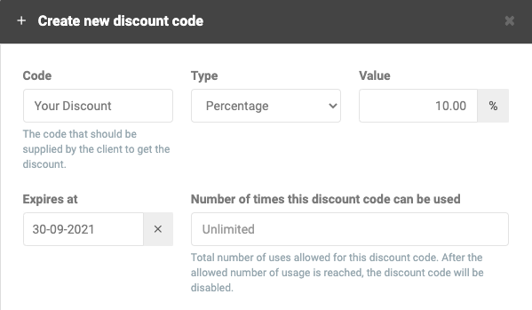 Settings for creating discounts