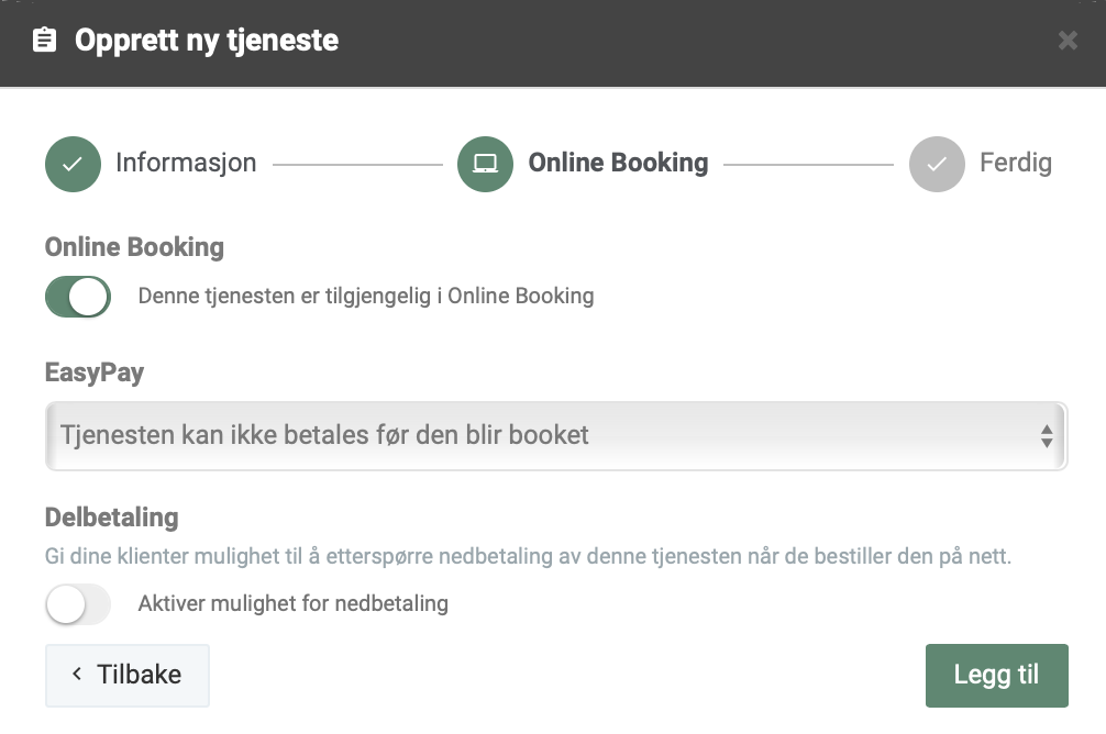 Innstillinger for Online Booking og EasyPay ved opprettelse av en ny tjeneste