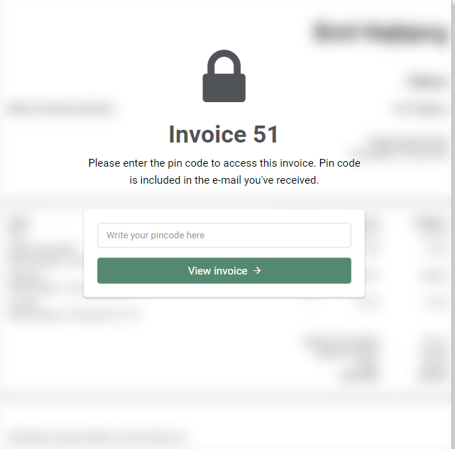 Access window to see invoice with the requirement to enter a pin code