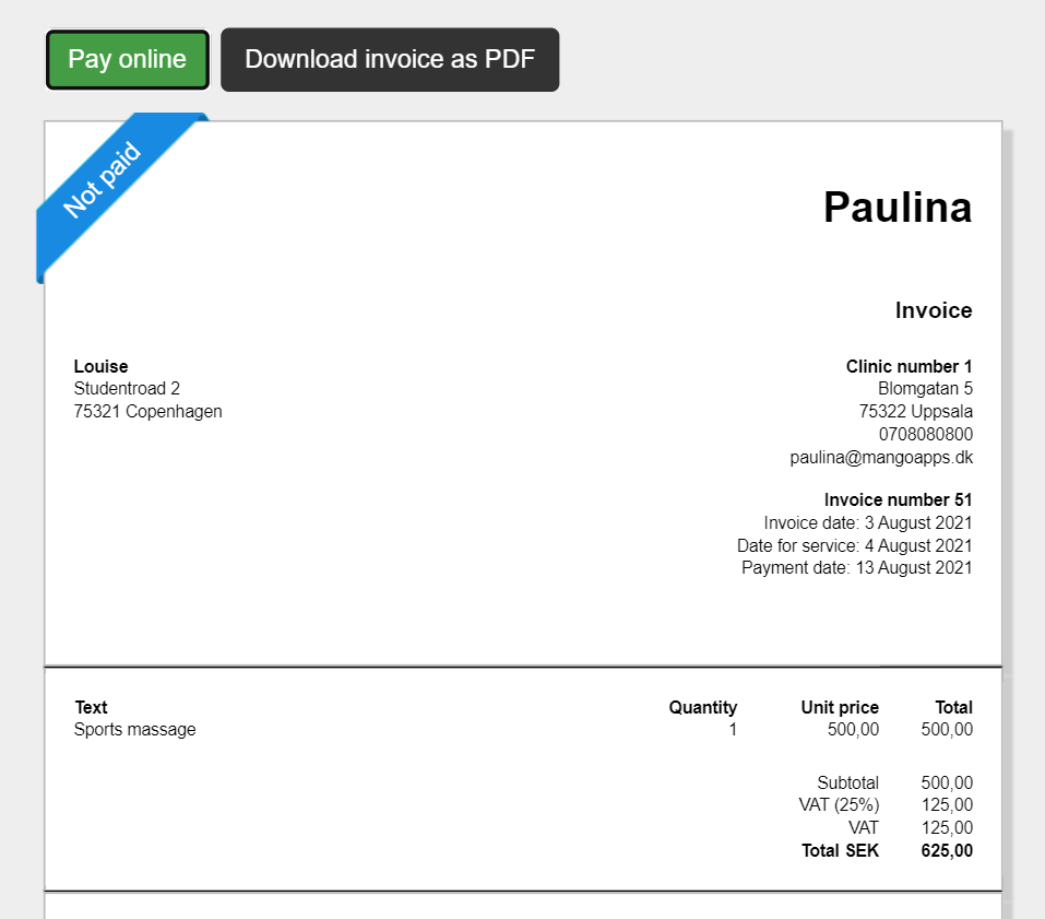 Example of an online invoice 