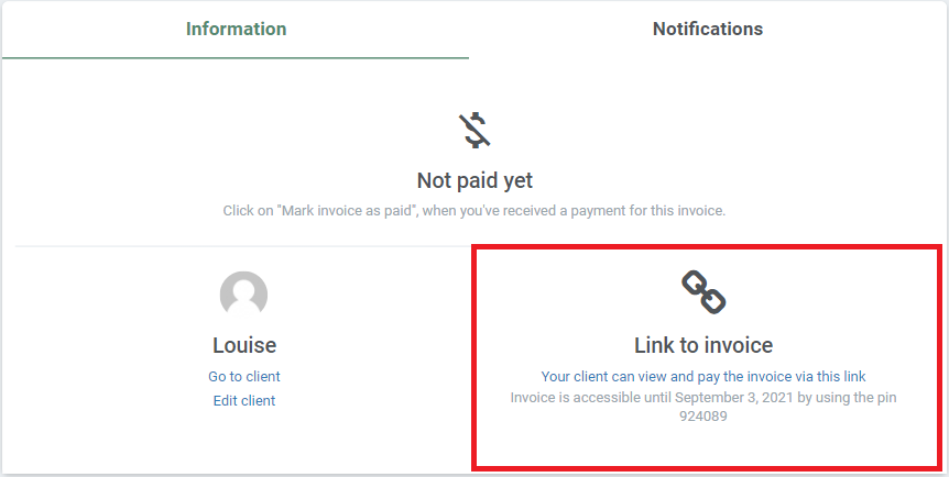 Possibility to enter sent invoice to a client by using invoice link.