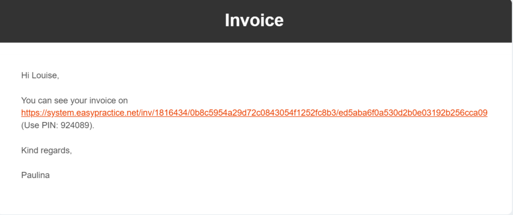 Example of an Email with a link to an invoice sent to a client