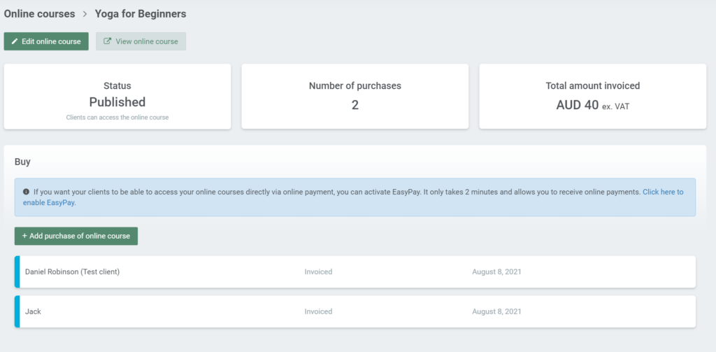 Example of status overview of a Published course