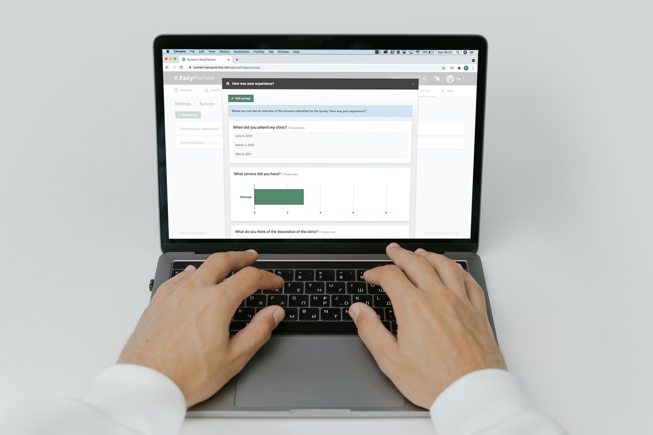 Laptop displaying the EasyPractice survey function