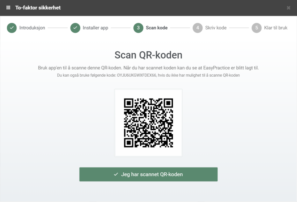 Verifisering av appen ved scanning av en QR-kode med appen på mobilen