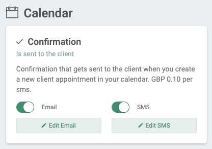 Confirmation settings for email and SMS