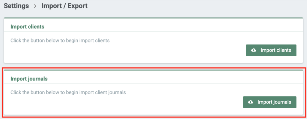 Screenshot of the Import function for Clients and Journals