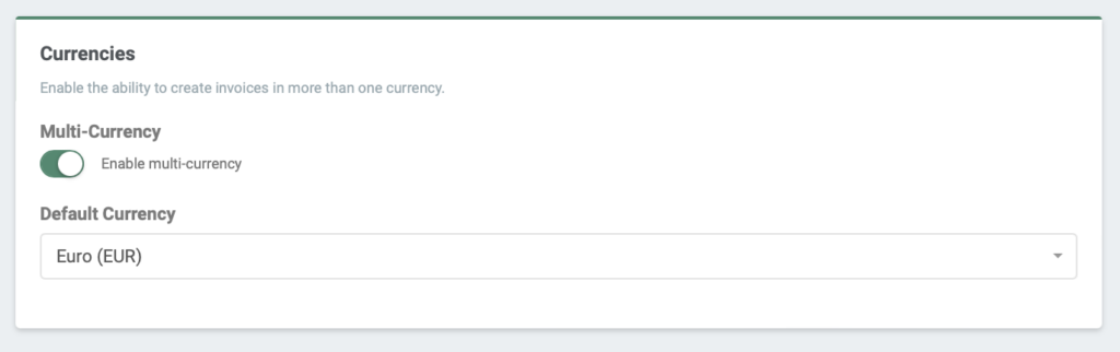 Screenshot of the settings to enable invoicing in multiple currencies.