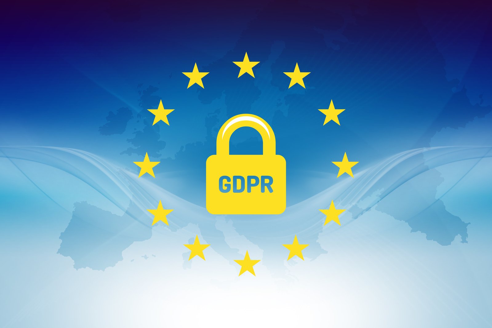 GDPR logo and EU stars on blue/white background.