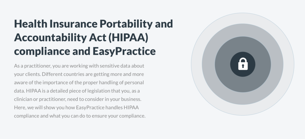 Screenshot of the EasyPractice website dealing with the Health Insurance Portability and Accountability Act 