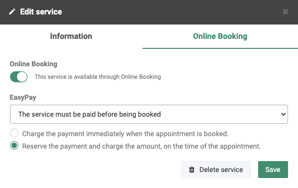 Screenshot of settings for a service which must be paid before booking