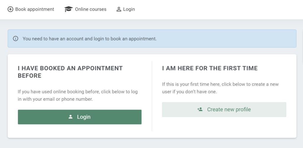 Screenshot of a booking page to book an appointment in an available calendar from the view of a client.