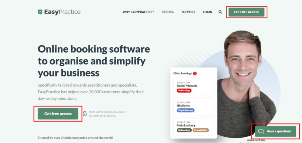 Front page of EasyPractice with marked CTA's 