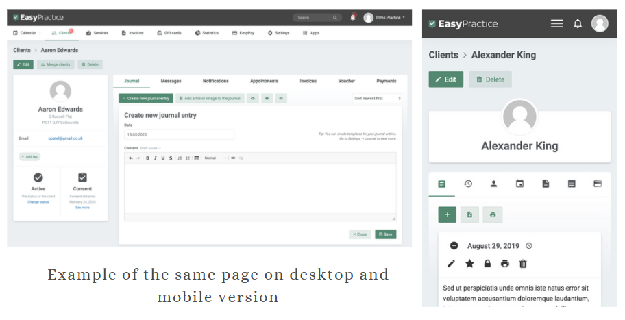Example of the same page of EasyPractice platform on desktop and mobile version