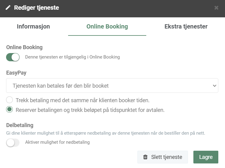 Online Booking-innstillinger for en tjeneste
