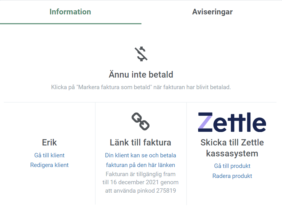 Knappen 'Zettle - Skicka till Zettle kassasystem' syns till höger på bilden under fliken 'Information'